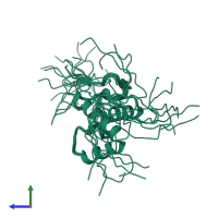 PDB entry 2e60 coloured by chain, ensemble of 20 models, side view.