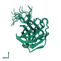PDB entry 2e63 coloured by chain, ensemble of 20 models, side view.