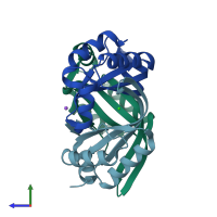 PDB entry 2e66 coloured by chain, side view.