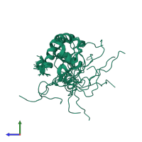 PDB entry 2e8p coloured by chain, ensemble of 20 models, side view.