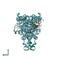 PDB entry 2e99 coloured by chain, side view.