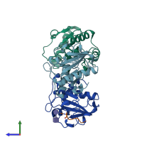 PDB entry 2eax coloured by chain, side view.