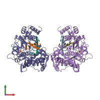PDB entry 2ec0 coloured by chain, front view.