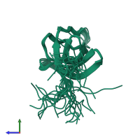 PDB entry 2ecz coloured by chain, ensemble of 20 models, side view.
