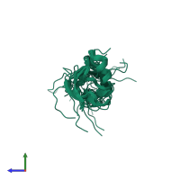 PDB entry 2ee0 coloured by chain, ensemble of 20 models, side view.