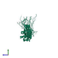 PDB entry 2ee2 coloured by chain, ensemble of 20 models, side view.