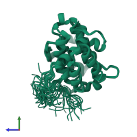 PDB entry 2ee4 coloured by chain, ensemble of 20 models, side view.