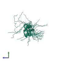 PDB entry 2eec coloured by chain, ensemble of 20 models, side view.