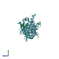 PDB entry 2een coloured by chain, side view.