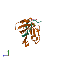 PDB entry 2eeo coloured by chain, side view.
