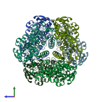 PDB entry 2eez coloured by chain, side view.