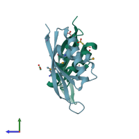 PDB entry 2eh1 coloured by chain, side view.