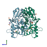 PDB entry 2eh2 coloured by chain, side view.