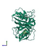 PDB entry 2ei1 coloured by chain, side view.