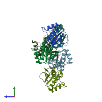 PDB entry 2eiu coloured by chain, side view.