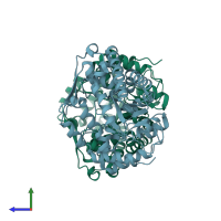 PDB entry 2eja coloured by chain, side view.