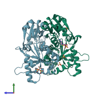 PDB entry 2ejk coloured by chain, side view.