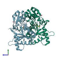 PDB entry 2ejz coloured by chain, side view.