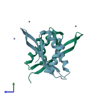 PDB entry 2ek0 coloured by chain, side view.