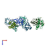 PDB entry 2ek1 coloured by chain, top view.