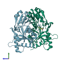 PDB entry 2ek2 coloured by chain, side view.