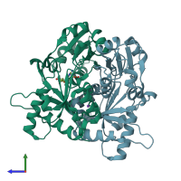 PDB entry 2ek3 coloured by chain, side view.