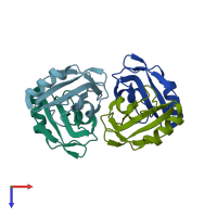 PDB entry 2ek6 coloured by chain, top view.