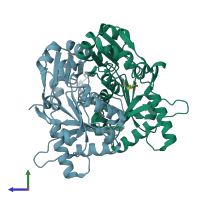 PDB entry 2ek7 coloured by chain, side view.