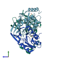 PDB entry 2ekm coloured by chain, side view.