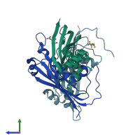 PDB entry 2ekn coloured by chain, side view.