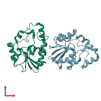 PDB entry 2ekz coloured by chain, front view.