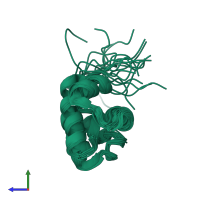 PDB entry 2elj coloured by chain, ensemble of 20 models, side view.