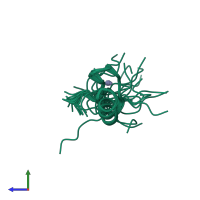 PDB entry 2elu coloured by chain, ensemble of 20 models, side view.