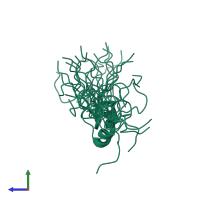 PDB entry 2emg coloured by chain, ensemble of 20 models, side view.