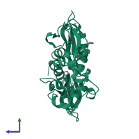 Homo dimeric assembly 1 of PDB entry 2emq coloured by chemically distinct molecules, side view.