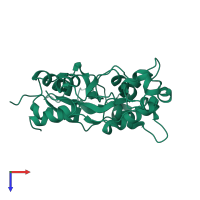 Homo dimeric assembly 1 of PDB entry 2emq coloured by chemically distinct molecules, top view.