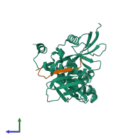 PDB entry 2ems coloured by chain, side view.
