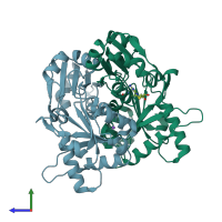 PDB entry 2emu coloured by chain, side view.