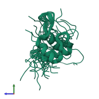PDB entry 2eo2 coloured by chain, ensemble of 20 models, side view.