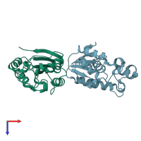 PDB entry 2eoa coloured by chain, top view.