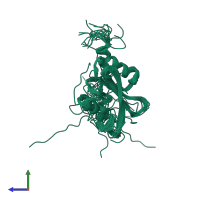 PDB entry 2eob coloured by chain, ensemble of 20 models, side view.