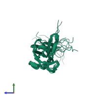 PDB entry 2ep6 coloured by chain, ensemble of 20 models, side view.