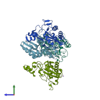 PDB entry 2epf coloured by chain, side view.