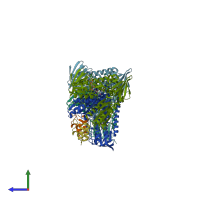 PDB entry 2eq8 coloured by chain, side view.