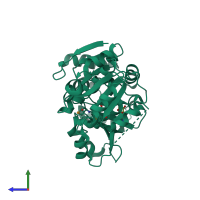 PDB entry 2eqa coloured by chain, side view.