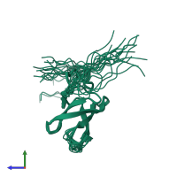 PDB entry 2eqm coloured by chain, ensemble of 20 models, side view.