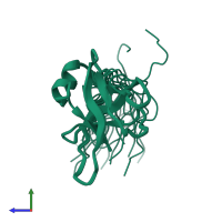 PDB entry 2eqn coloured by chain, ensemble of 20 models, side view.