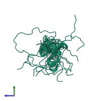 PDB entry 2eqp coloured by chain, ensemble of 20 models, side view.