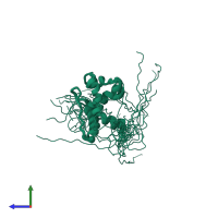 PDB entry 2eqy coloured by chain, ensemble of 20 models, side view.