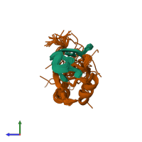 PDB entry 2err coloured by chain, ensemble of 30 models, side view.